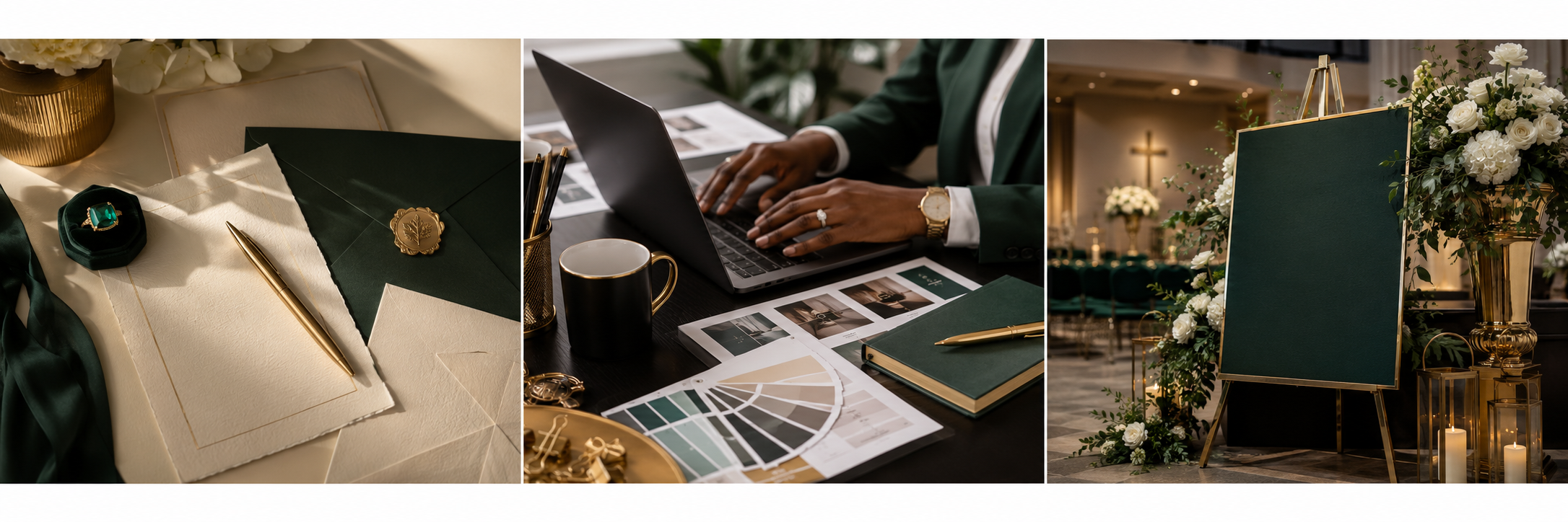 Elegant emerald, cream, and gold design studio workspace